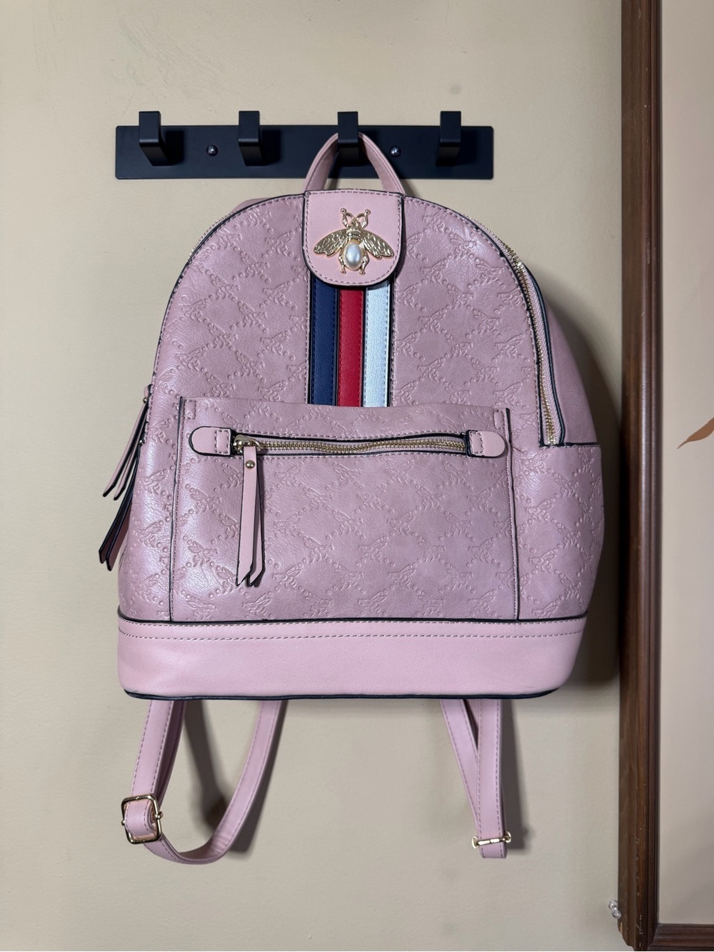 Pastel Pink Embossed Queen Bee Stripe Mini Backpack Purse